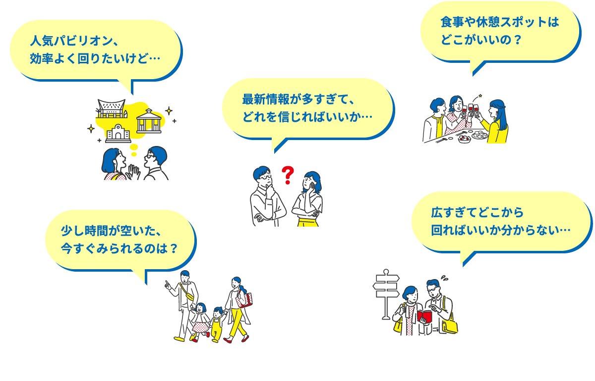 人気パビリオン、効率よく回りたいけど…　最新情報が多すぎて、どれを信じればいいか…　食事や休憩スポットはどこがいいの？　少し時間が空いた、今すぐみられるのは？　広すぎてどこから回ればいいか分からない…