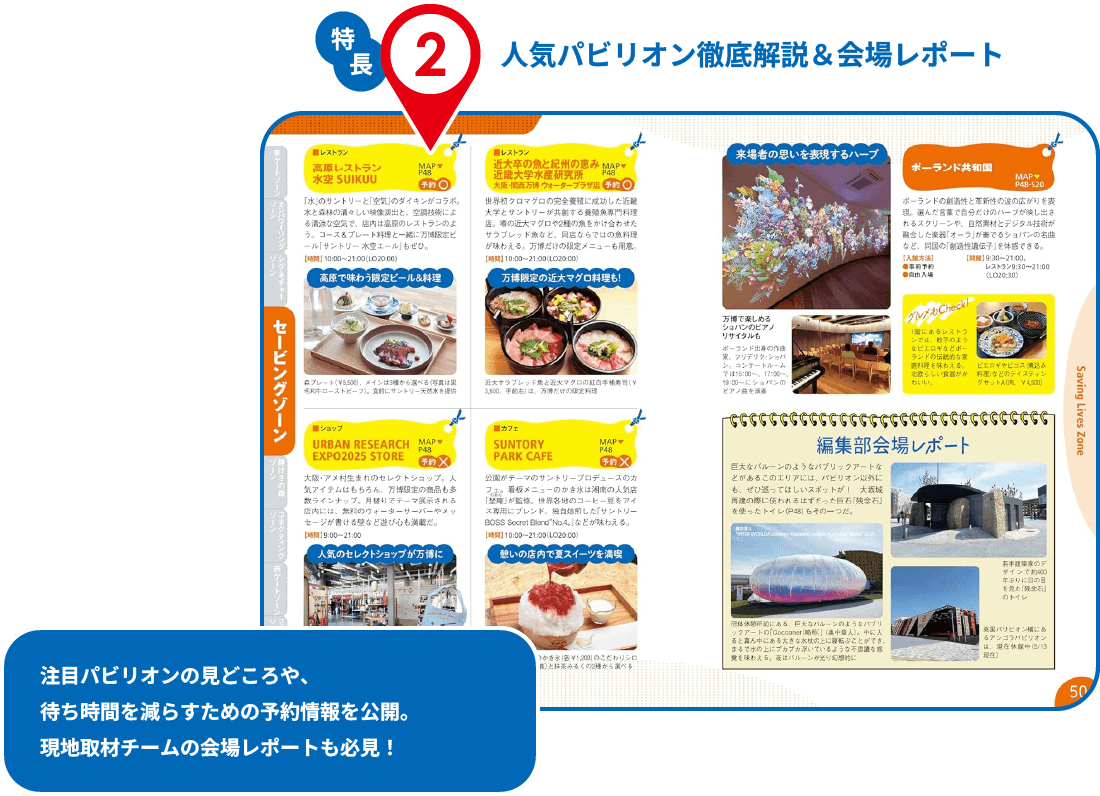 特長2　人気パビリオン徹底解説＆会場レポート　注目パビリオンの見どころや、待ち時間を減らすための予約情報を公開。現地取材チームの会場レポートも必見！