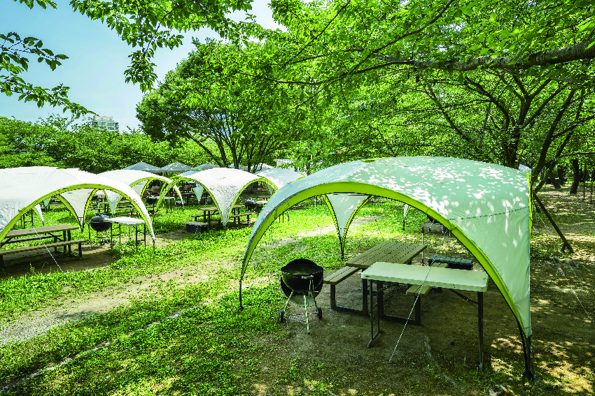 舞鶴公園BBQガーデンの、緑の木々の下に設置された屋根付きバーベキューサイト