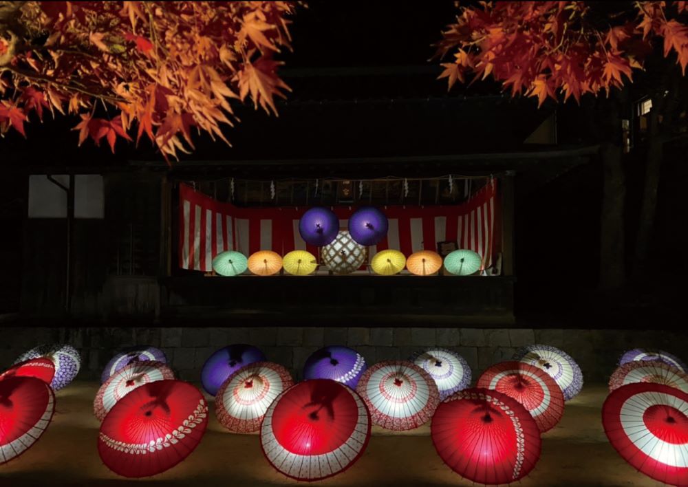 紅葉八幡宮の境内で、色とりどりの和傘がライトアップされた幻想的な夜のイベント